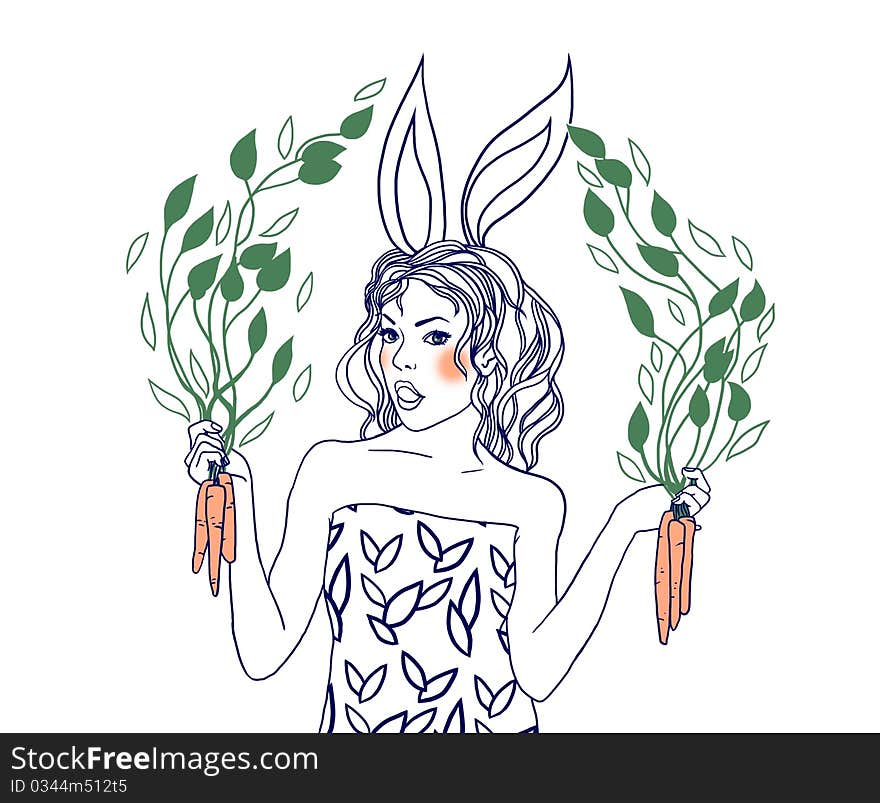 Woman with rabbit's ears and carrots. Woman with rabbit's ears and carrots