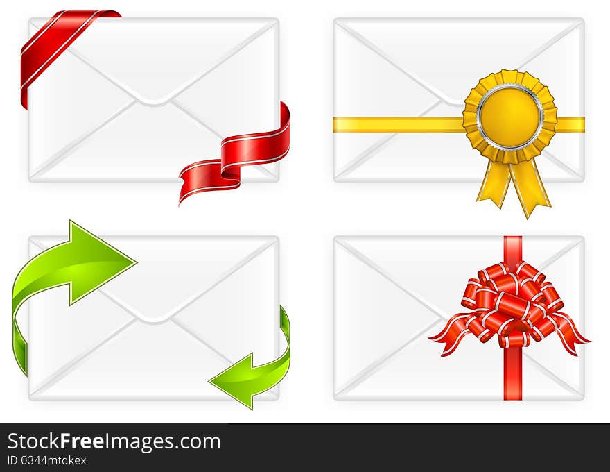 Letter envelopes with bow, ribbon and arrow, vector illustration