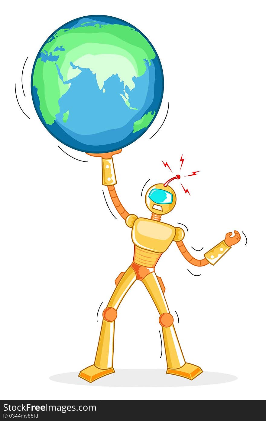 Illustration of robot holding globe on white background