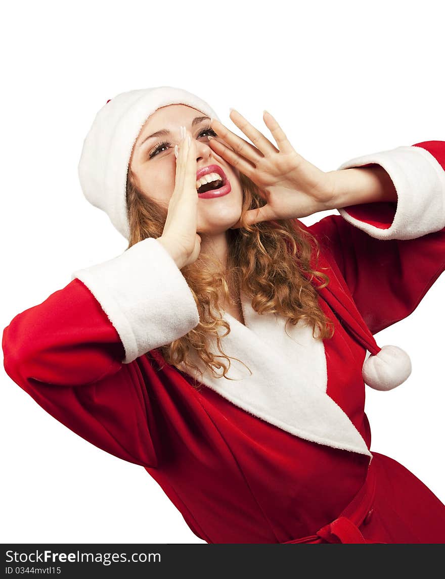 Portrait of beautiful girl wearing santa claus clothes issuing a call on white background. Portrait of beautiful girl wearing santa claus clothes issuing a call on white background