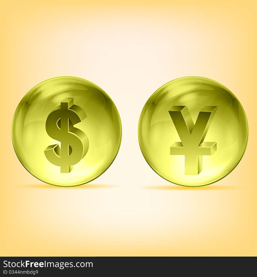 Illustration of transparent dollar and yen balls