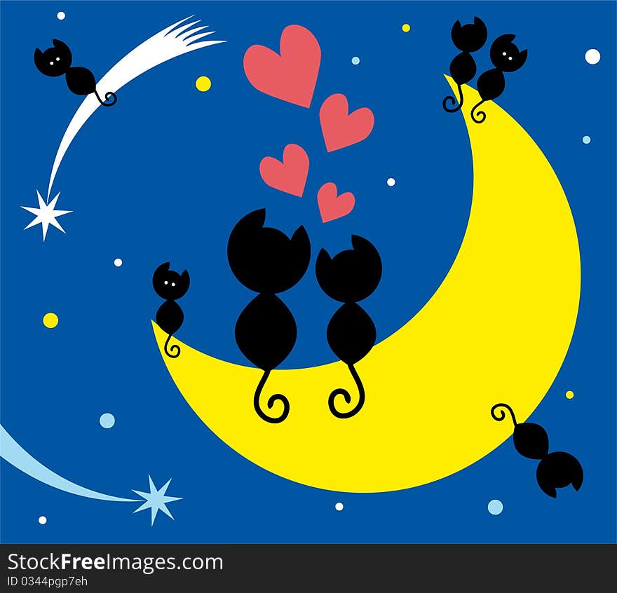 Two cats in love sitting on the moon and kittens. Two cats in love sitting on the moon and kittens