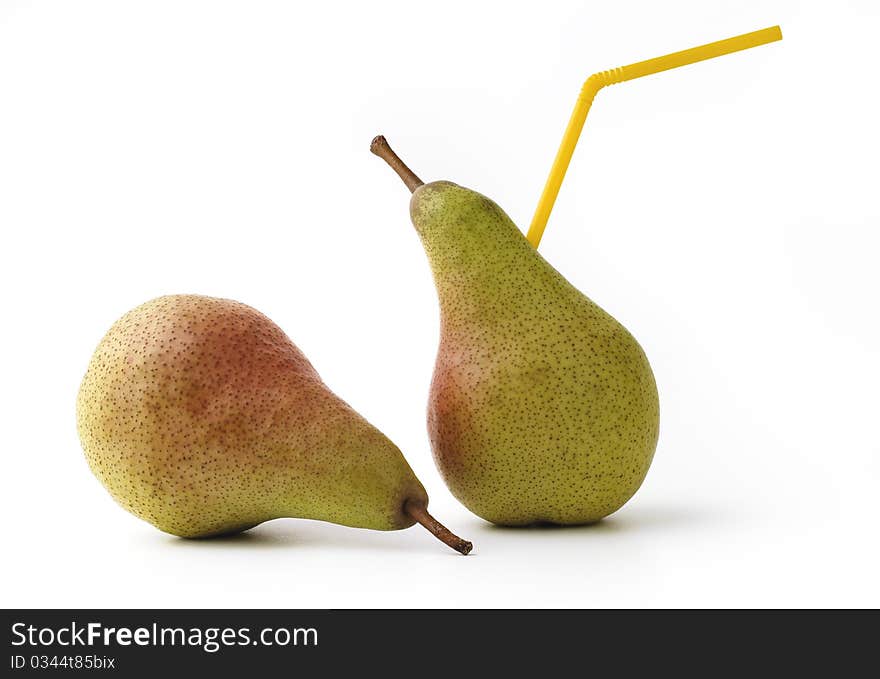 Two pears, one with a straw yellow