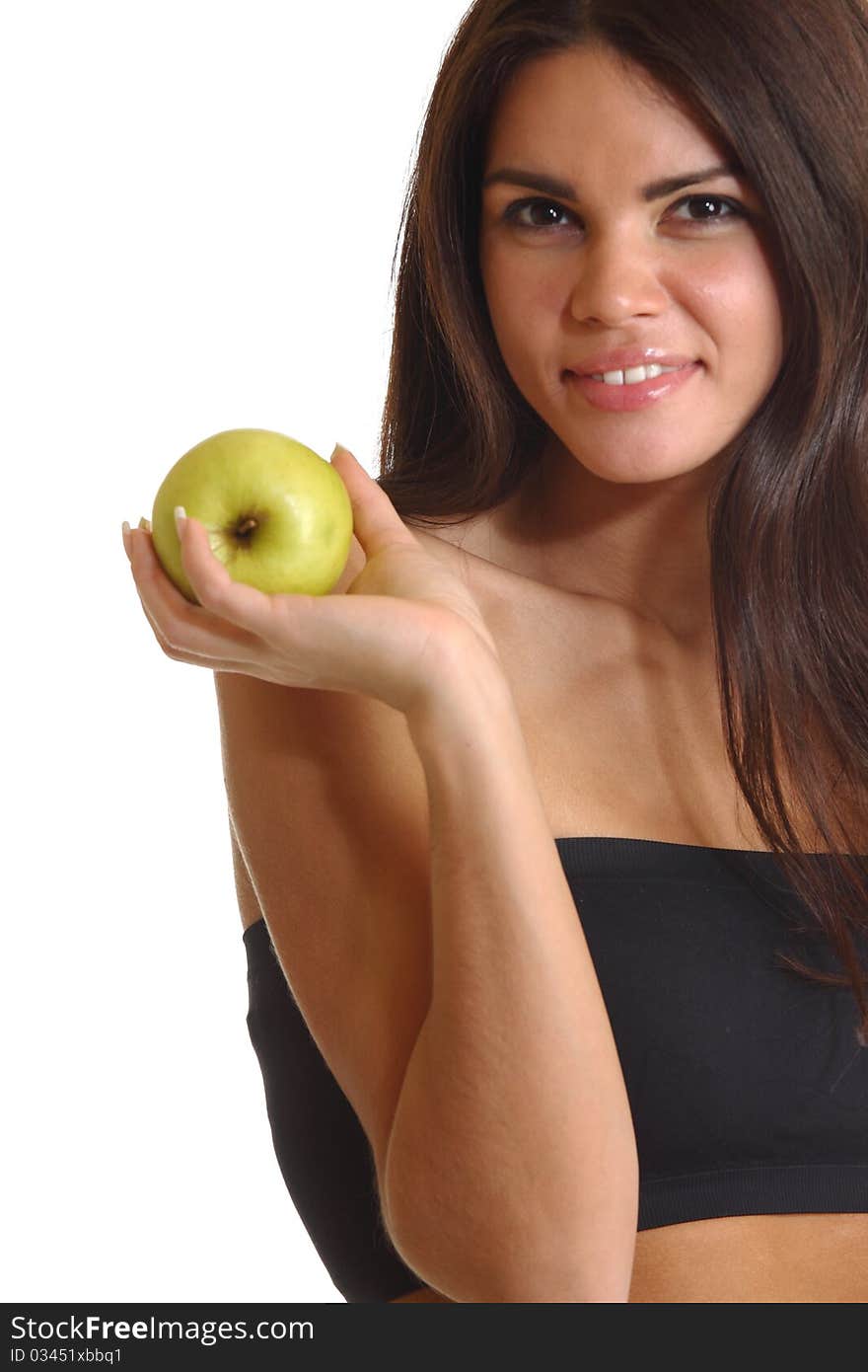 Woman hold apple in hands isolated on white. Woman hold apple in hands isolated on white