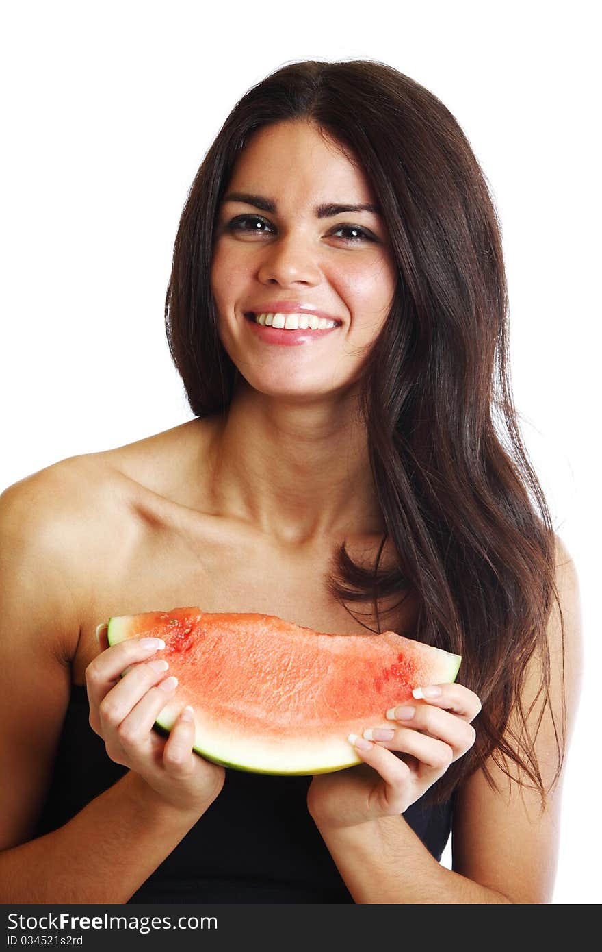 Woman hold watermelon in hands isolated on white. Woman hold watermelon in hands isolated on white