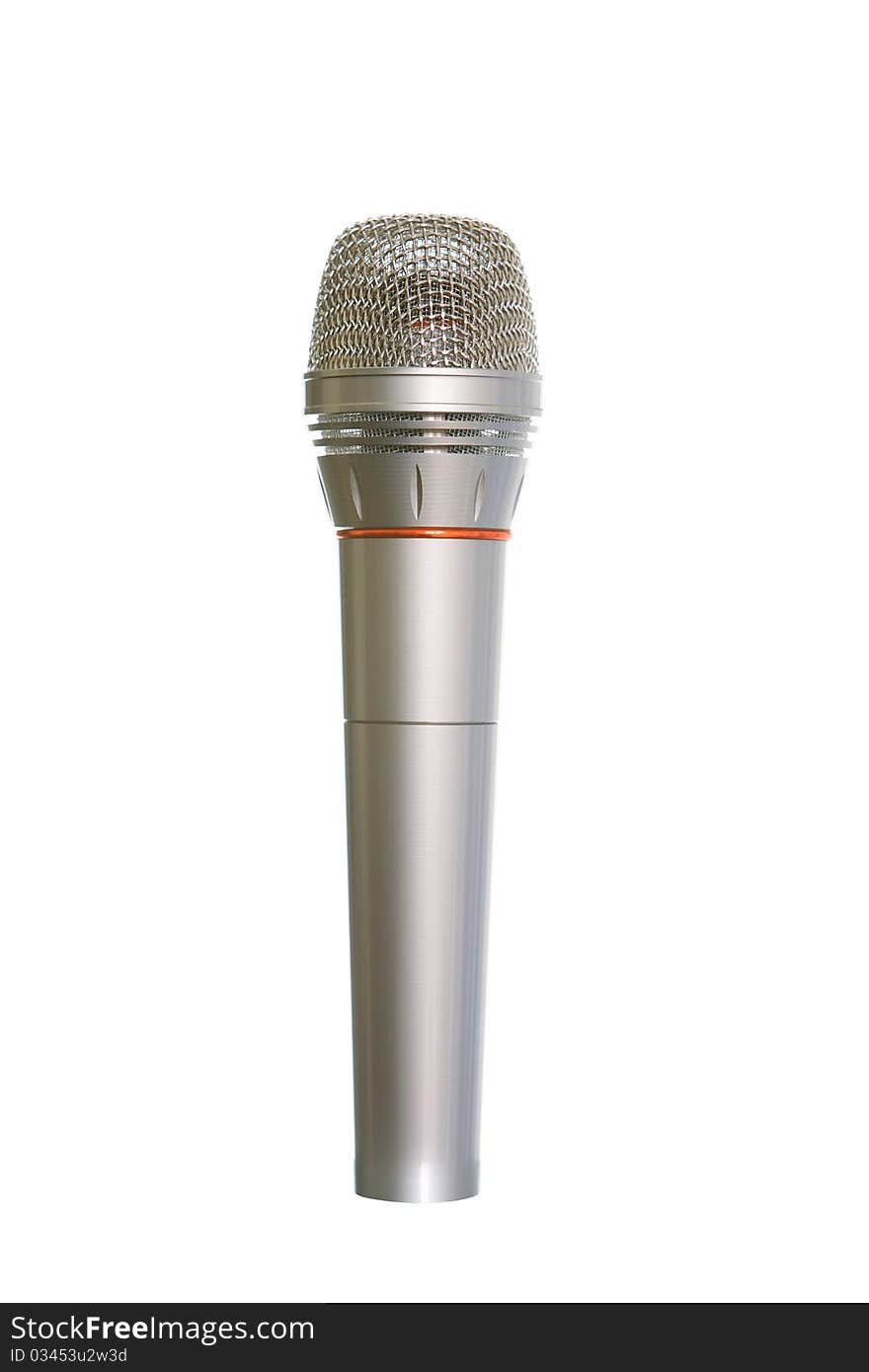 Microphone of silvery color on a white background for singing and music