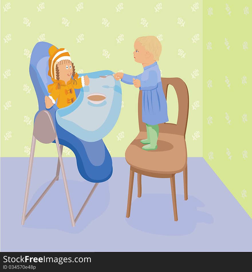 Child feeds a doll in highchair