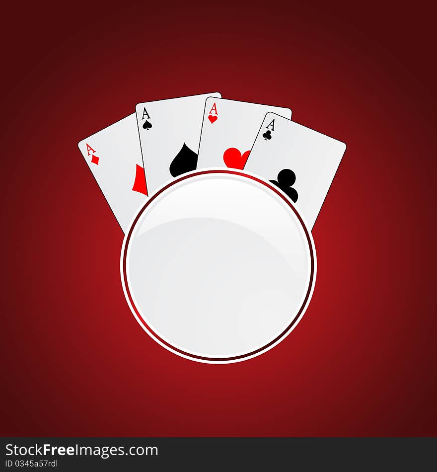 Four aces card behind a circle icon on re background. Four aces card behind a circle icon on re background