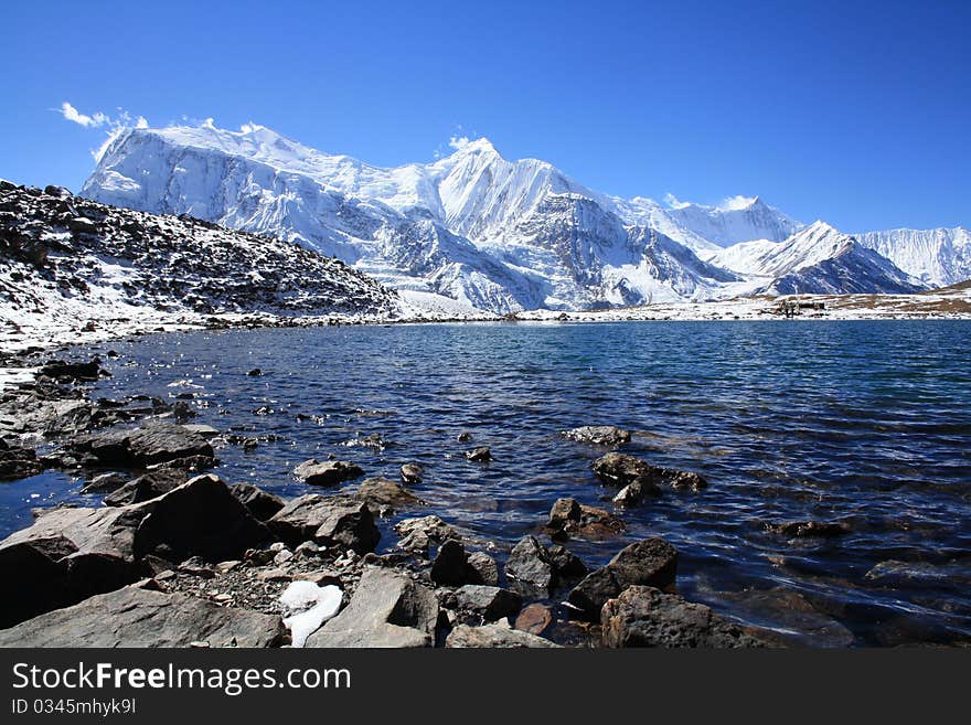 Lake with the Annapurna III in the background. Lake with the Annapurna III in the background