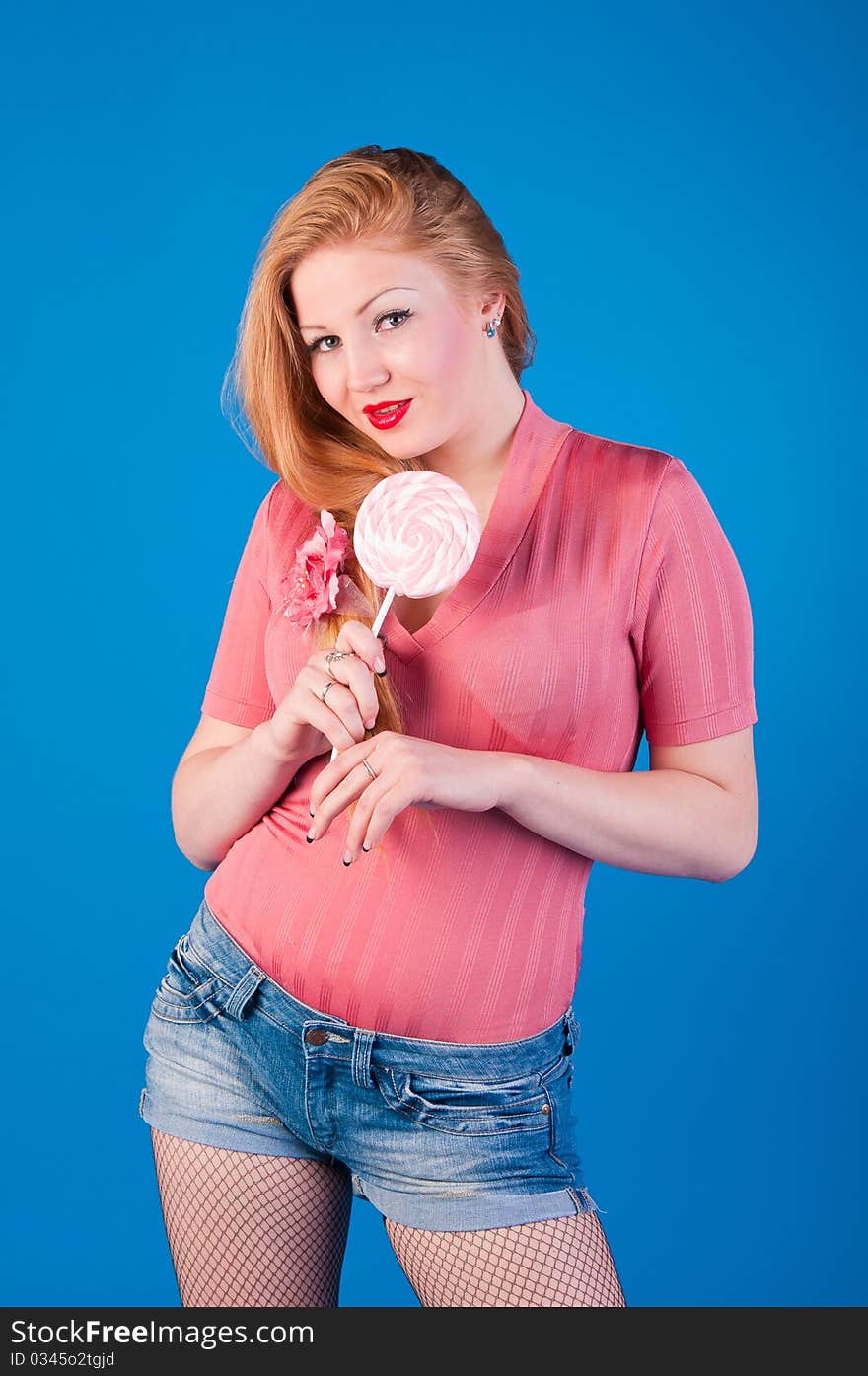 A portrait of girl is in style of pinap with big lollipop. A portrait of girl is in style of pinap with big lollipop