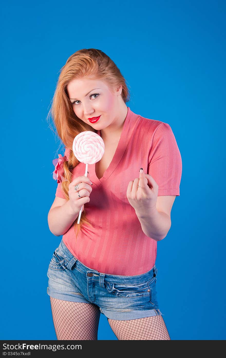 A portrait of girl is in style of pinap with big lollipop. A portrait of girl is in style of pinap with big lollipop