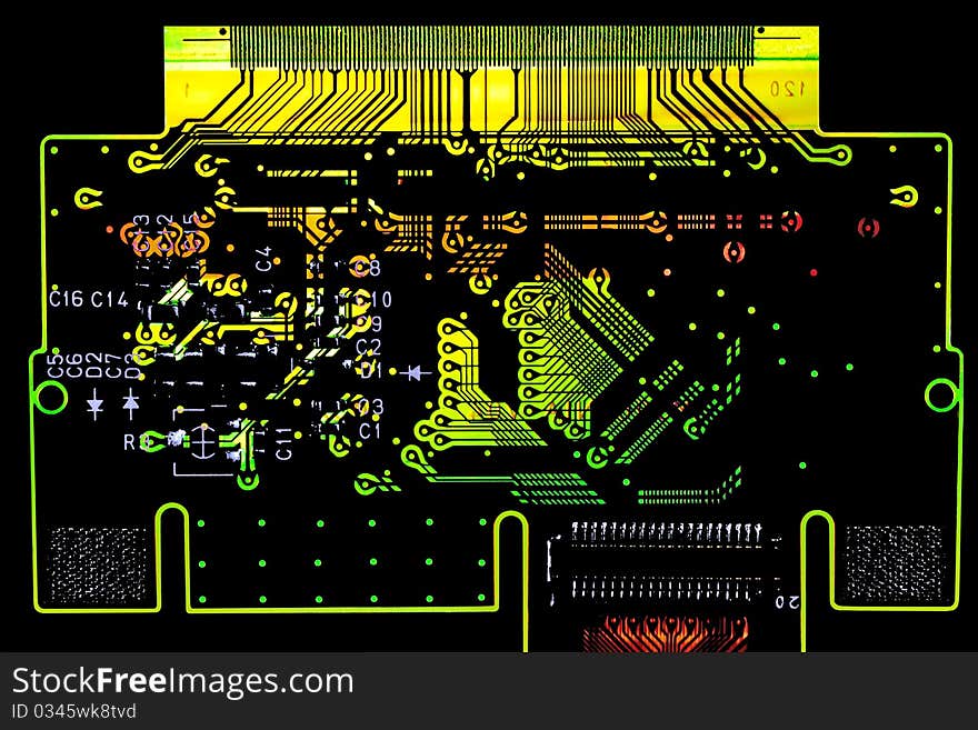 Glowing printed circuit board macro detail. Glowing printed circuit board macro detail