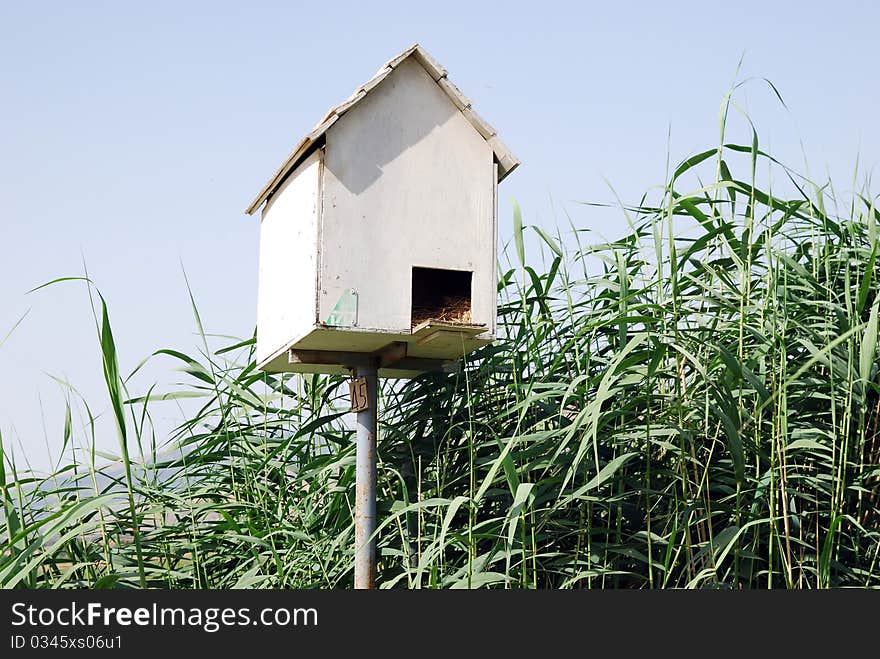 Bird house white on a background of brown mountains