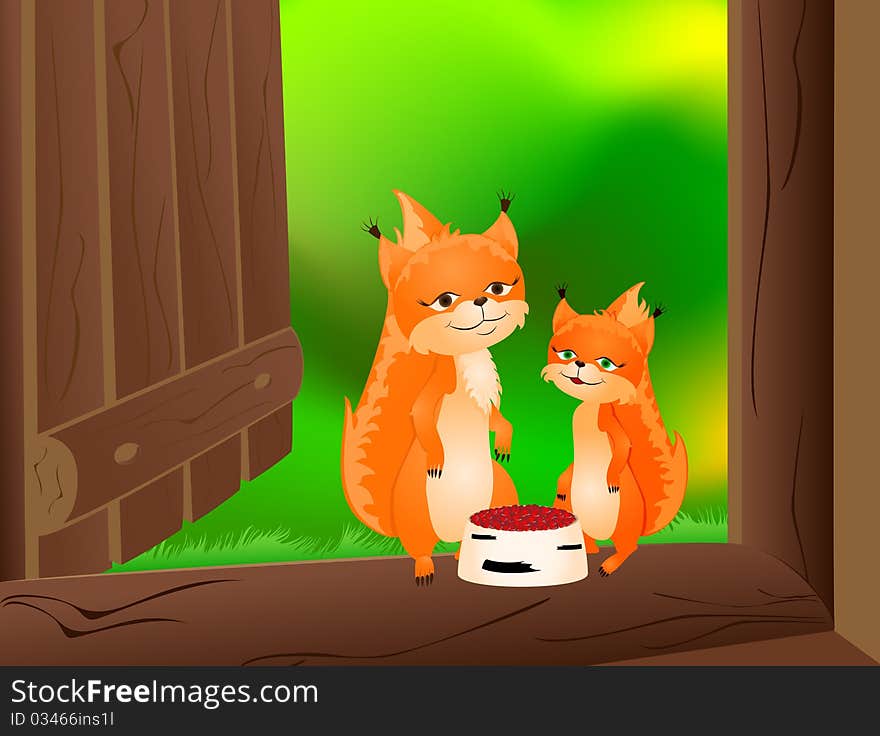 Vector illustration of two squirrels and a basket of birch bark full hearts. Vector illustration of two squirrels and a basket of birch bark full hearts