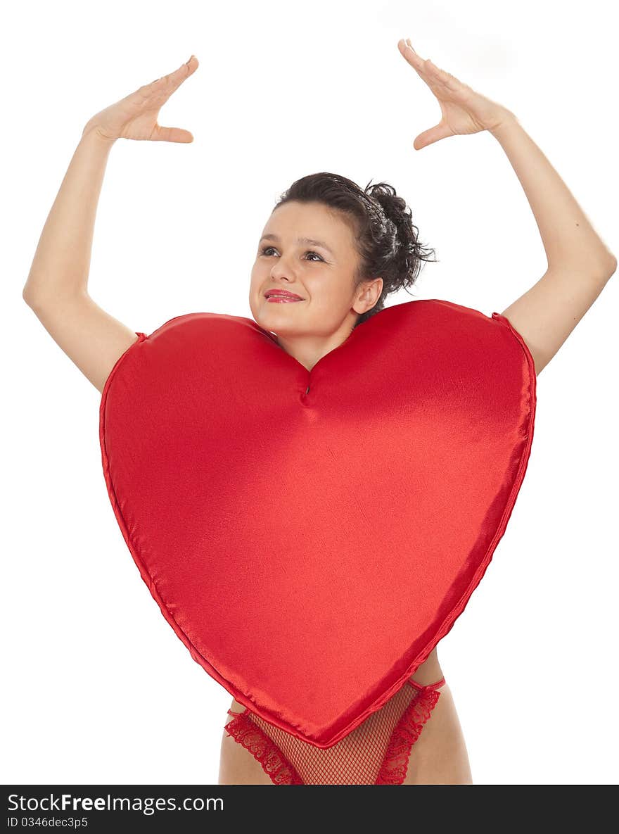 Young woman in Heart suit over white. Young woman in Heart suit over white