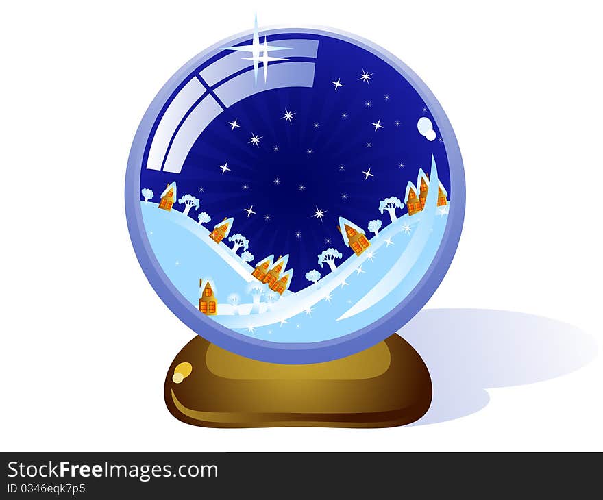 Toy Glass Christmas ball. Inside it a night winter landscape. Hills and houses. Vector. Toy Glass Christmas ball. Inside it a night winter landscape. Hills and houses. Vector.