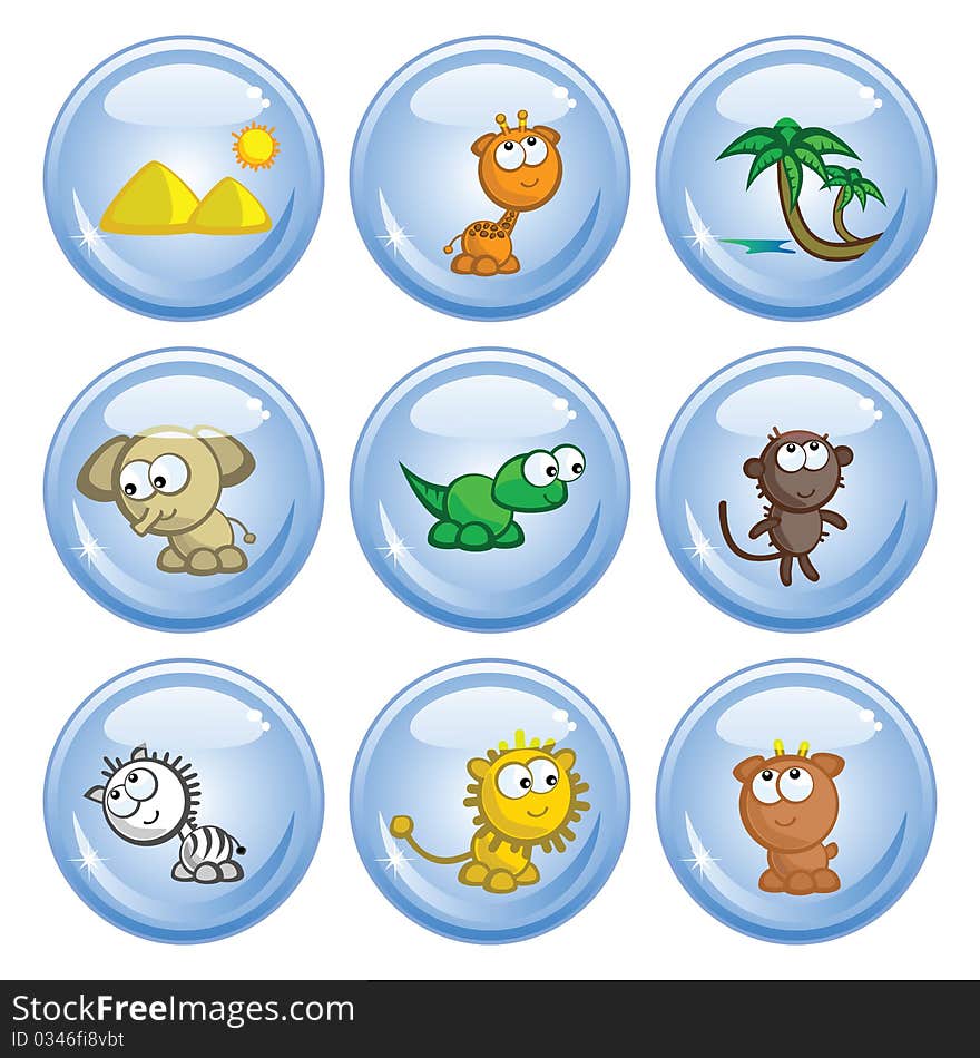 A set of buttons. Images comic African animals. Isolated. A set of buttons. Images comic African animals. Isolated.