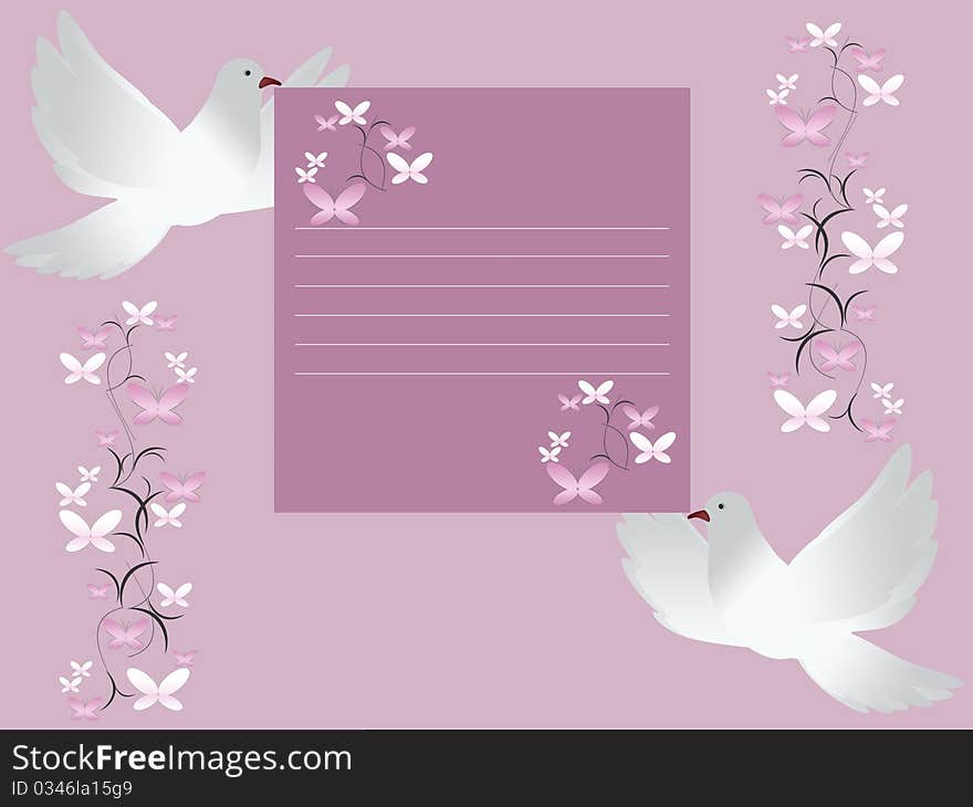 Wedding card invitation with two white doves