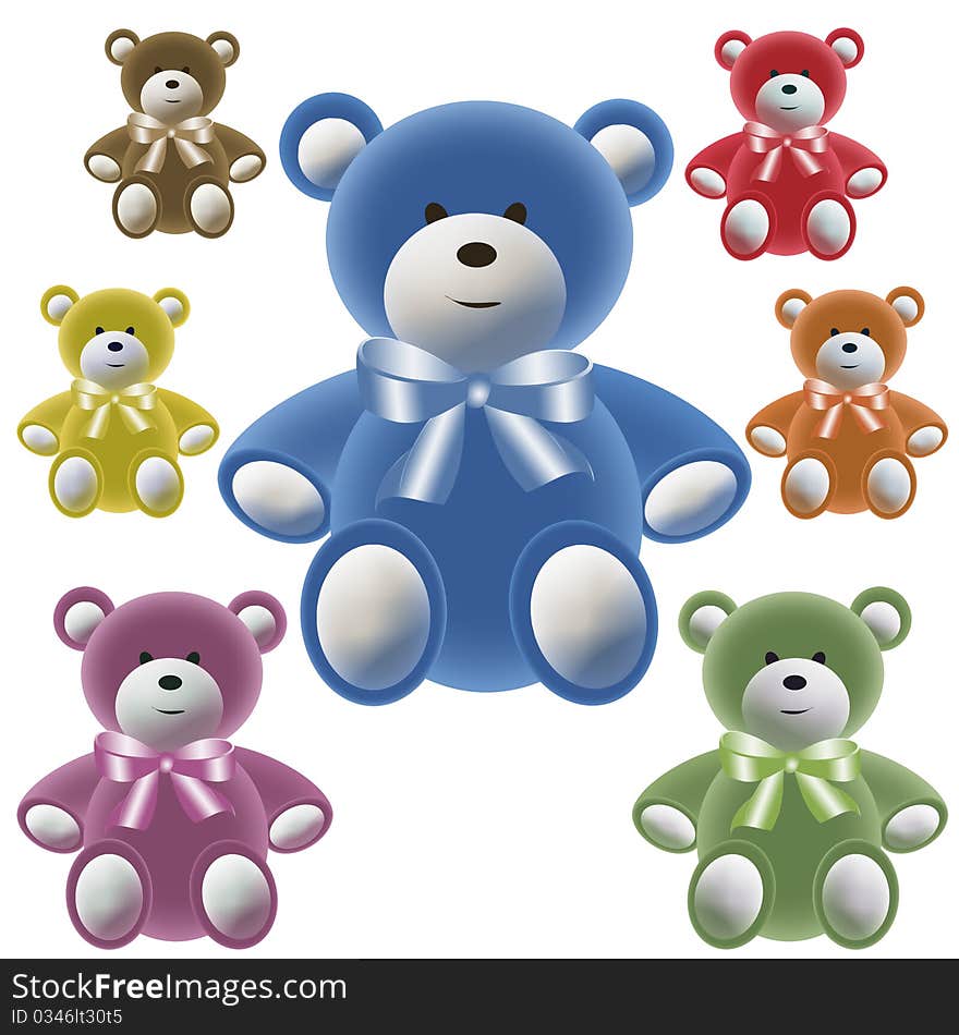 Set Of Color Teddy Bear With Bows