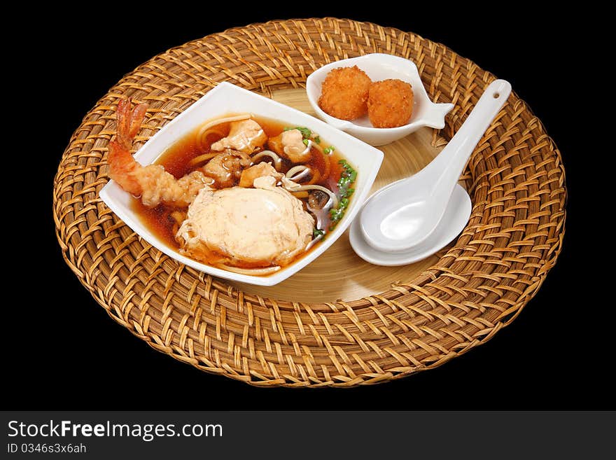 Japanese cuisine, soup with shrimp meat. Japanese cuisine, soup with shrimp meat