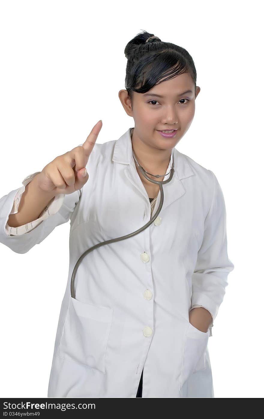 Beautiful young doctor wearing white coat isolated over white background. Beautiful young doctor wearing white coat isolated over white background