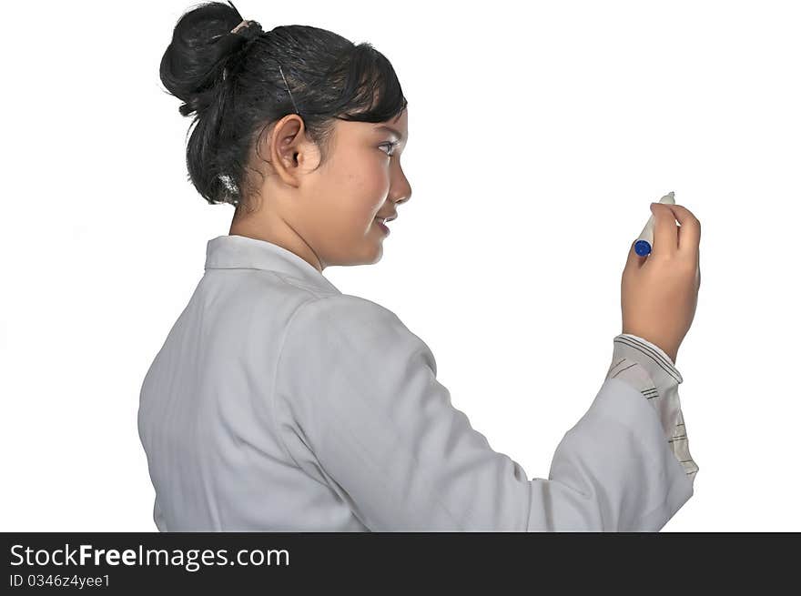 Beautiful young doctor write something and wearing white coat isolated over white background