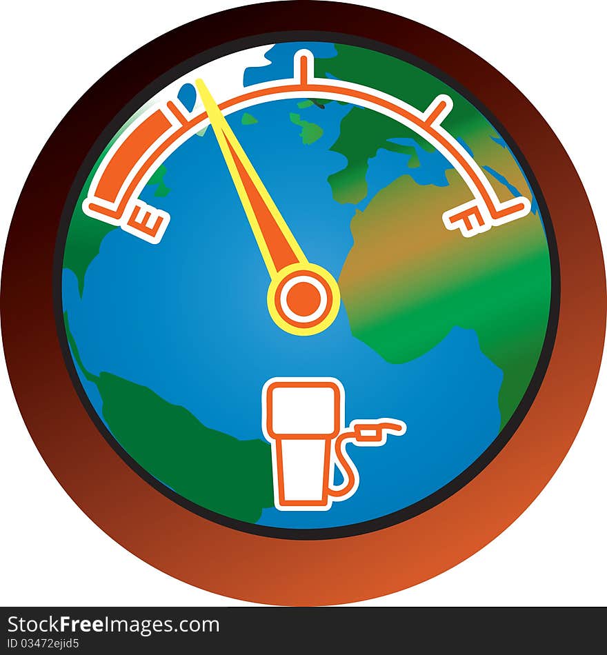 An earth shaped fuel gauge running low on gasoline. An earth shaped fuel gauge running low on gasoline.