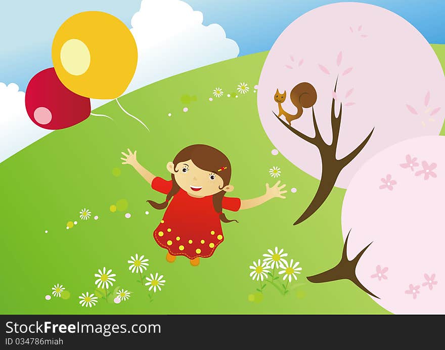 Girl in a blooming meadow looking up the flying balloon