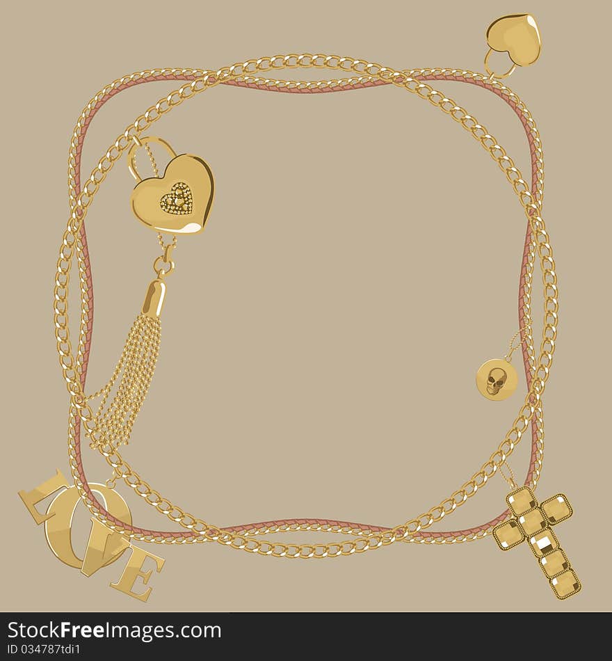 Vector illustration of vintage necklace with love accessories - jewellery. Vector illustration of vintage necklace with love accessories - jewellery