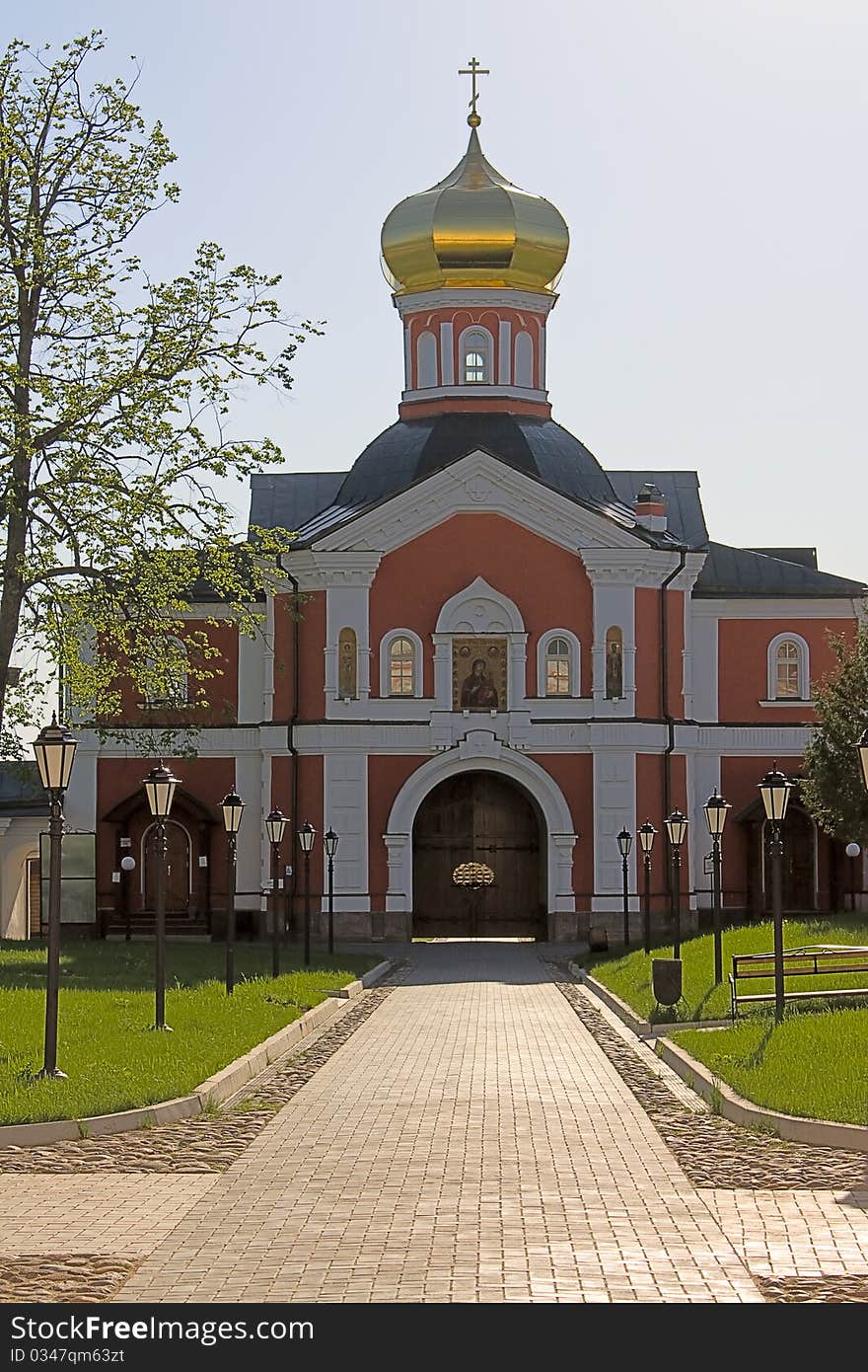 View of church and entrance to Iversky Monastery, Russia.