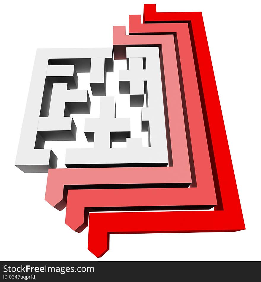 Maze square of white planes around which the bypass three colored arrows. 3d computer modeling