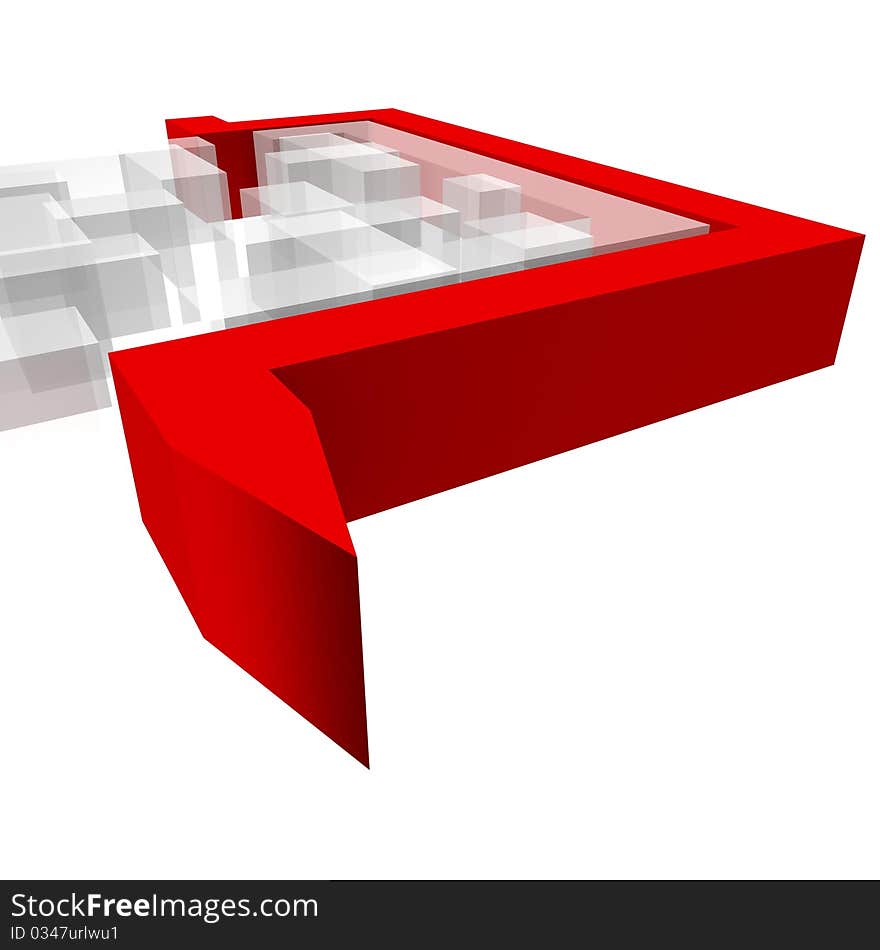 Maze square of white planes around which avoids the red arrow. 3d computer modeling