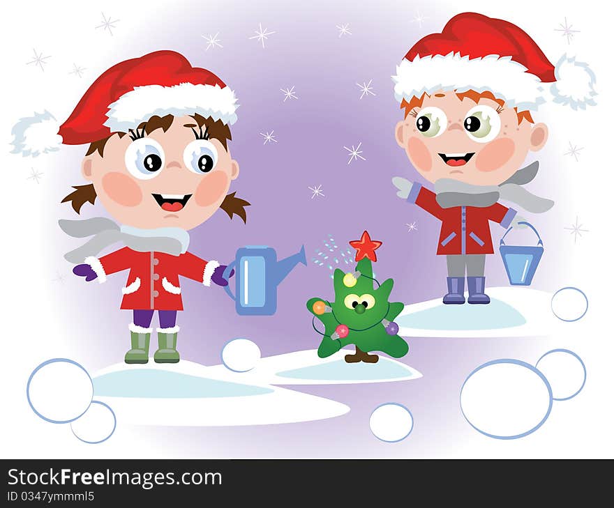 Children watering little fir tree. Children watering little fir tree