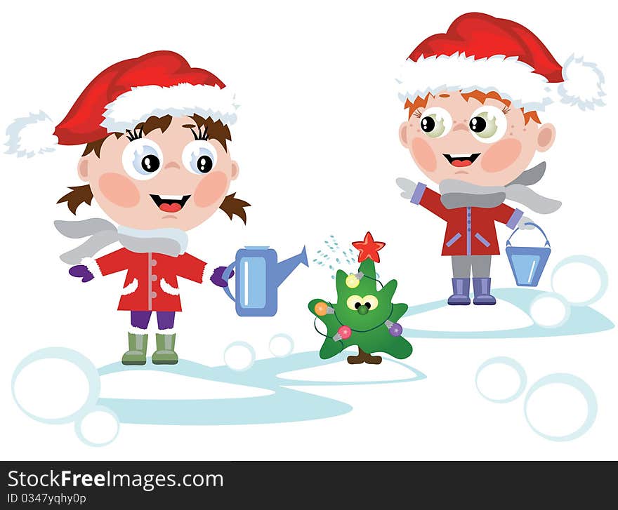 Children watering little fir tree isolated. Children watering little fir tree isolated