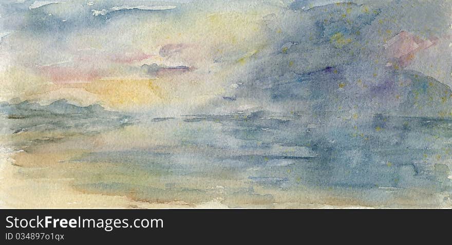 An Original Atmospheric Watercolour of a Stormy Sky with Rainclouds above a Sea with the Foreshore. An Original Atmospheric Watercolour of a Stormy Sky with Rainclouds above a Sea with the Foreshore.