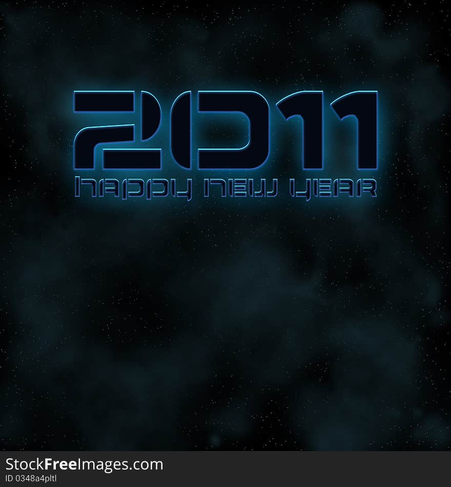 2011 Happy New Year in a sci-fi font and space background.