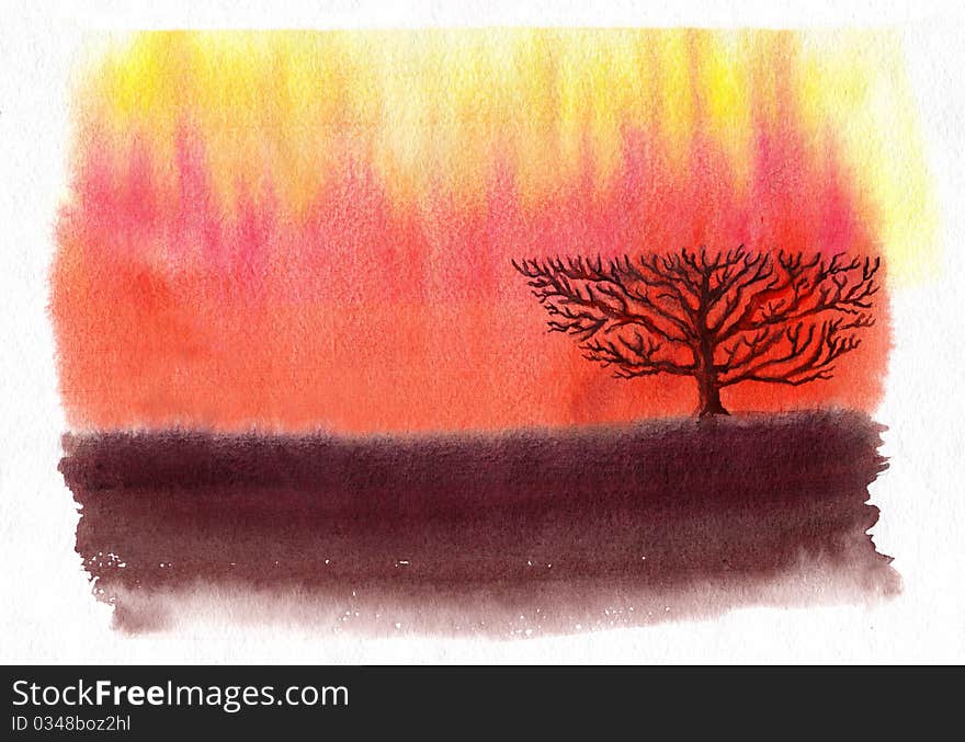 Watercolor landscape with tree on white paper. Watercolor landscape with tree on white paper