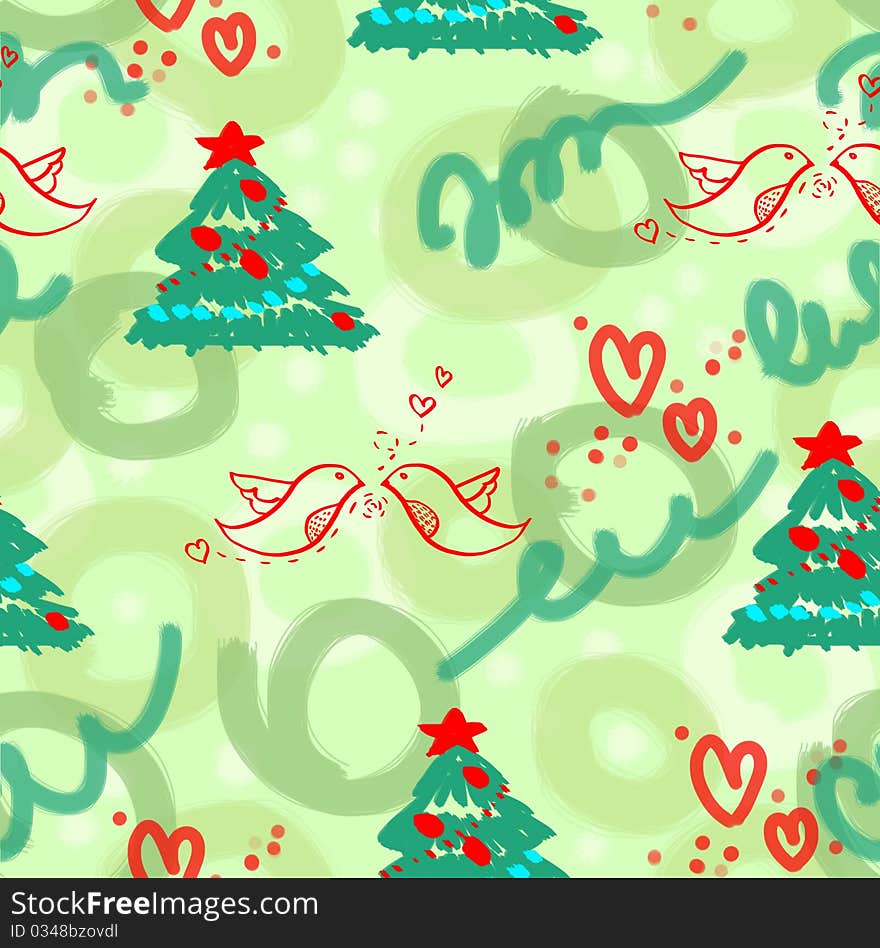 New year's pattern with firs, birds and hearts on the green background