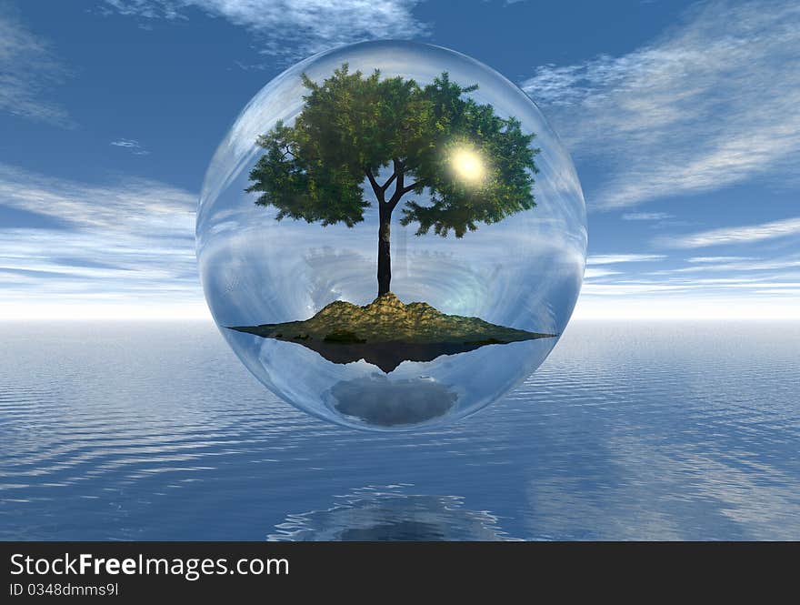 Illustration of transparent sphere with tree and island in their interior. Illustration of transparent sphere with tree and island in their interior