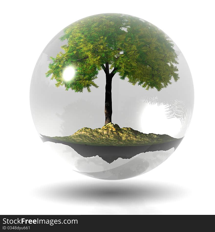 Illustration of transparent sphere with tree and island in their interior. Illustration of transparent sphere with tree and island in their interior