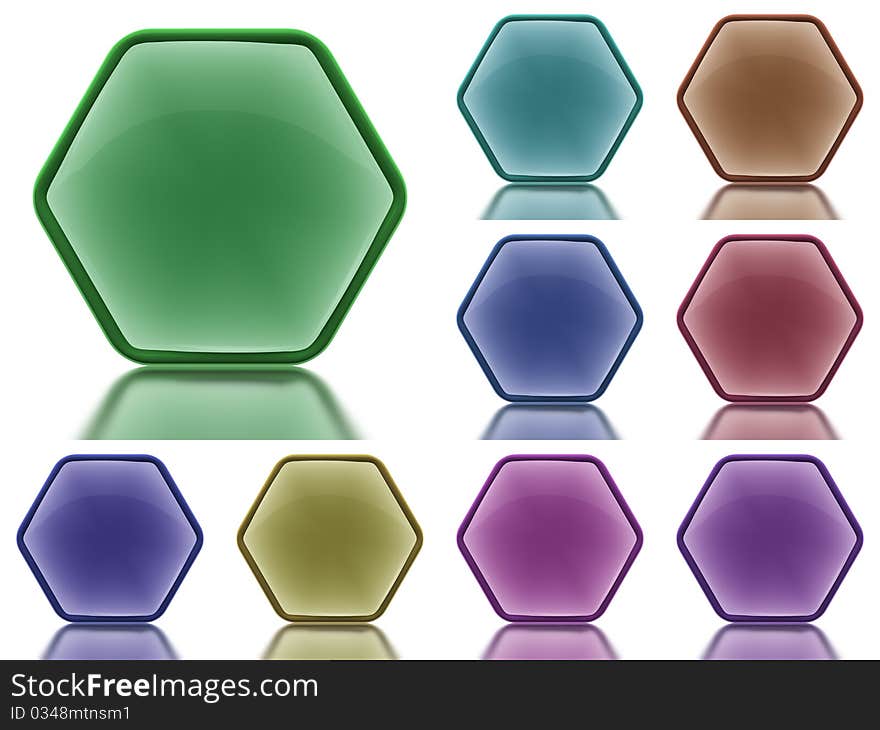 Set of Hex Shaped aqua buttons on a white background with a light reflection. Set of Hex Shaped aqua buttons on a white background with a light reflection