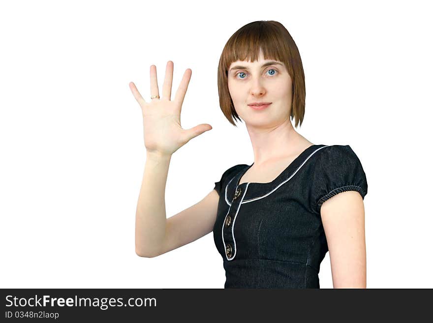 The young girl shows five fingers on a white background. The young girl shows five fingers on a white background