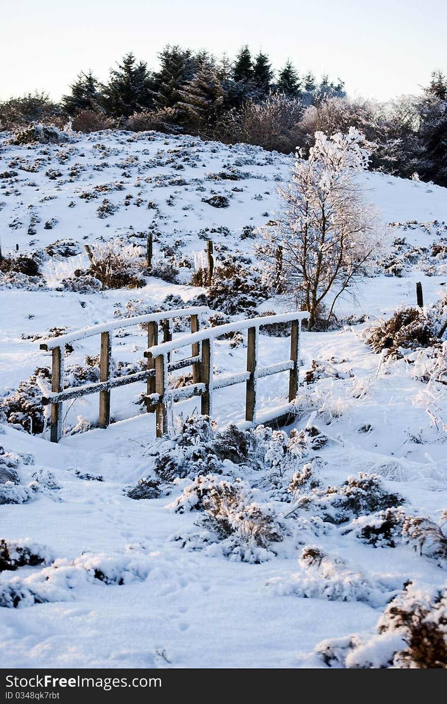 A vertical image of a snow covered landscape and a wooden bridge. A vertical image of a snow covered landscape and a wooden bridge