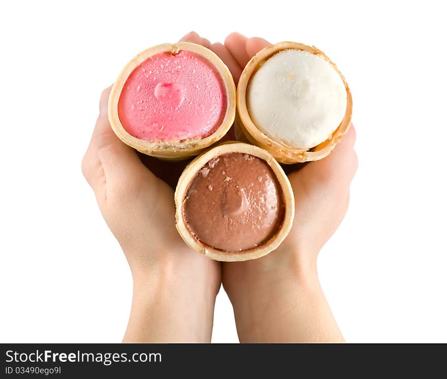 Ice cream in hands isolated on white background