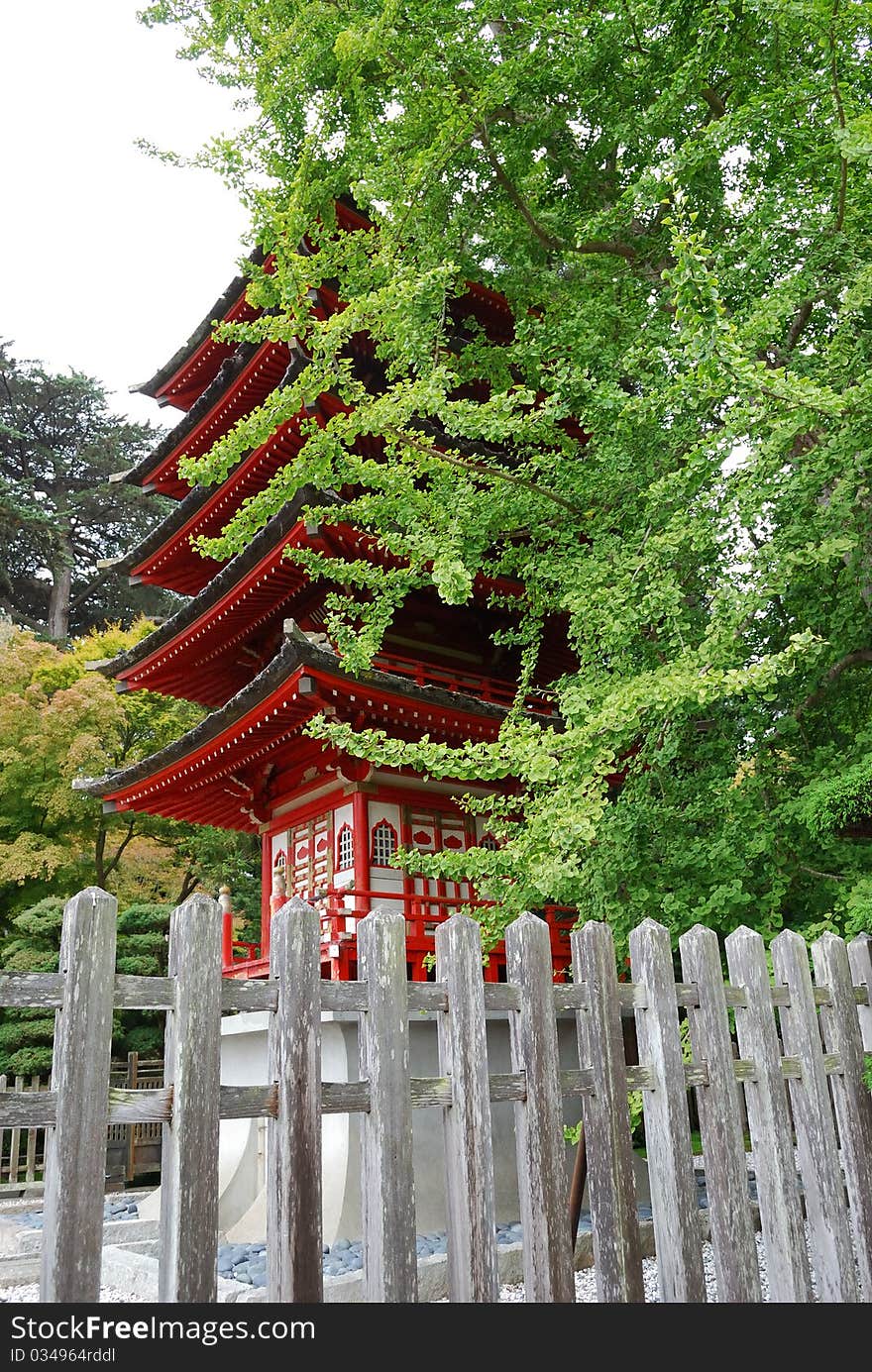 Red Japanese multistory house behind a green tree. Red Japanese multistory house behind a green tree