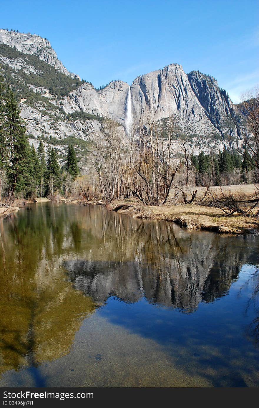 Yosemite Waterfall Reflection In Water