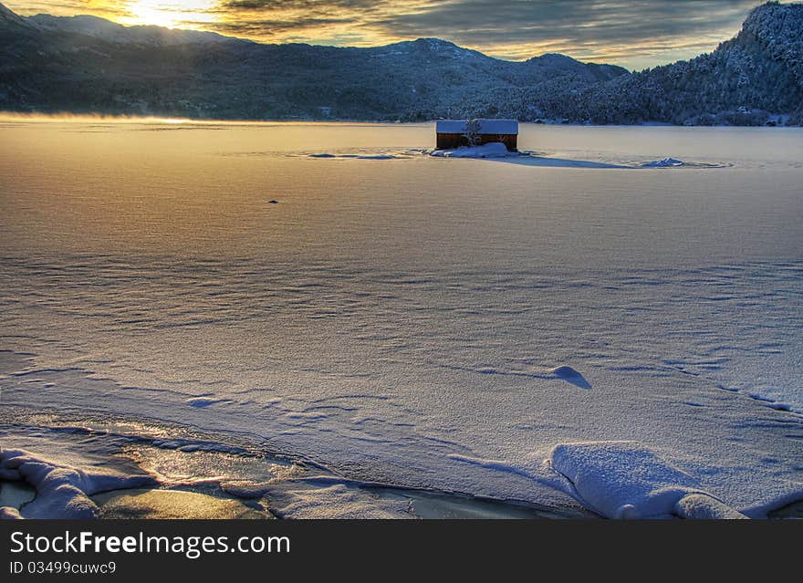 Lonely house in snowy Norway