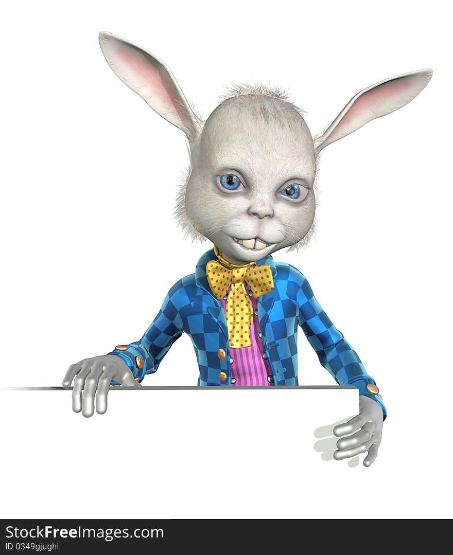 The Easter Bunny is holding onto the edge of a blank sign or border - 3D render. The Easter Bunny is holding onto the edge of a blank sign or border - 3D render.