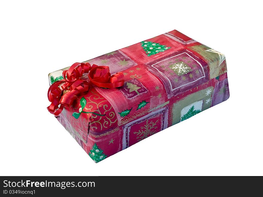 Box with red ribbon bow isolated on white