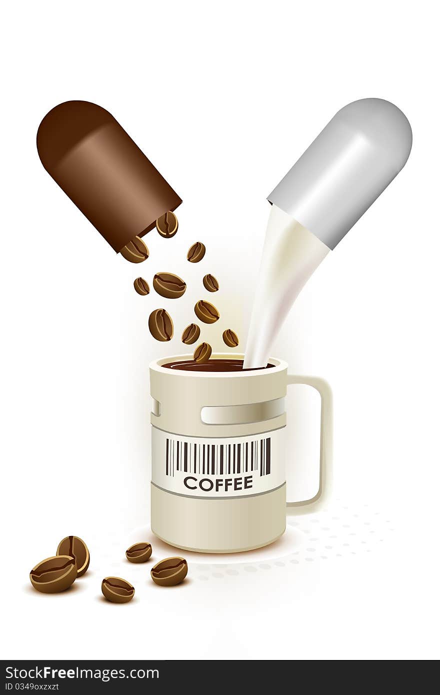 Illustration of coffee capsule with cup on white background